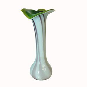 Vintage Jack-In-The-Pulpit Hand-Blown Art Glass Vase With Green Rim & Swirled De